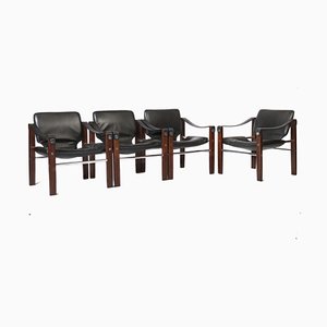 Black Leather and Teak Chelsea Safari Lounge Chairs by Maurice Burke for Arkana, Set of 4