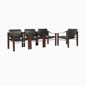 Poltrone Chelsea in pelle nera e teak di Maurice Burke per Arkana, set di 4