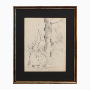 Guillaume Dulac, Mutter mit Kind unter einem Baum, 1920er, Bleistiftzeichnung
