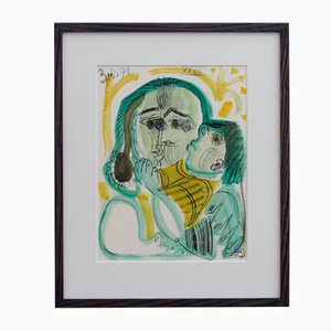 Raymond Dèbieve, Mother and Child, 1970, Gouache, Crayon & Pencil on Paper, Framed