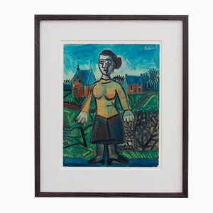 Raymond Debiève, Woman with Yellow Blouse, 1979, Oil on Cardstock Paper, Framed