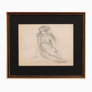 Guillaume Dulac, Portrait of Seated Nude, años 20, dibujo a lápiz, enmarcado