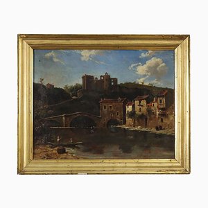 River Landscape with Bridge, Castle & Figures, 19th Century, Oil on Canvas, Framed
