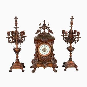 Bronze Clock with Candleholders, Set of 3