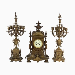 Bronze Clock with Candleholders, France, 19th Century, Set of 3