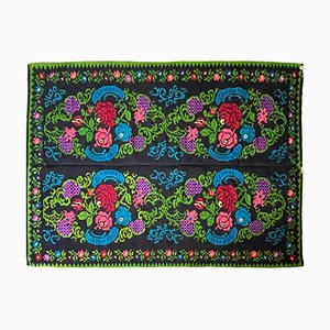 Romanian Black Handmade Wool Rug with Bohemian Floral Design
