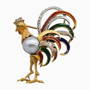 18 Karat Gold Multi Colour Enamel Coq Brooch with a Baroque Pearl and Diamonds
