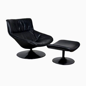 Artifort F522 Lounge Chair in Black Leather with Ottoman by Geoffrey Harcourt, 1960s, Set of 2