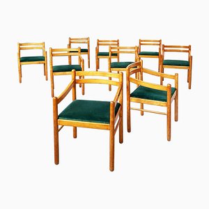 Mid-Century Italian Wooden Chairs with Forest Green Velvet, 1960s, Set of 9