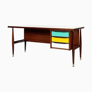 Mid-Century Italian Wooden Desk with Brass and Plastic Drawers by Schirolli 1970s