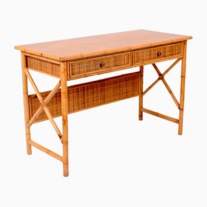 Mid-Century Italian Bamboo Cane, Ash Wood and Rattan Desk with Drawers, 1980s