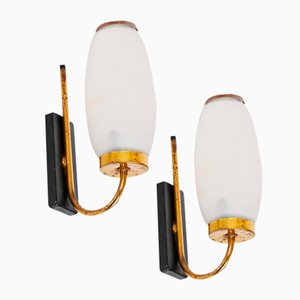 Mid-Century Italian Opal Glass, Brass and Metal Sconces from Stilnovo, 1950s, Set of 2