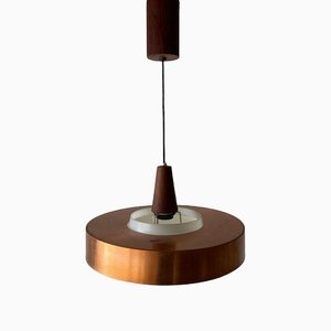 Copper and Opal Glass Pendant Lamp with Teak Details, 1970s, Germany