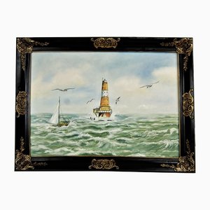 Seascape with Lighthouse, Oil on Canvas, Framed