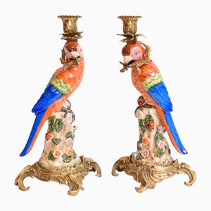 Porcelain Parrot Candelabras, Set of 2