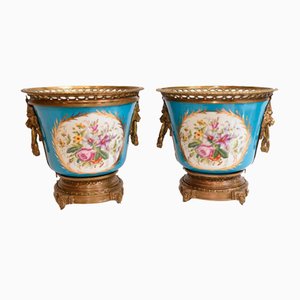 Porcelain Floral Cache Pots Urns Planters from Sevres, Set of 2