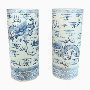 Vintage Blue and White Porcelain Chinese Dragon Umbrella Stand Urns, Set of 2
