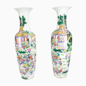 Vintage Chinese Cantonese Canton Porcelain Vases Urns, Set of 2