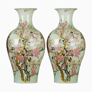 Chinese Famille Vert Hand-Painted Porcelain Vases, Set of 2