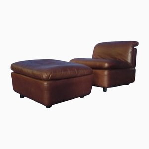 Leather Club Chair & Footstool by Ernst Martin Dettinger for WK Möbel, 1970s, Set of 2