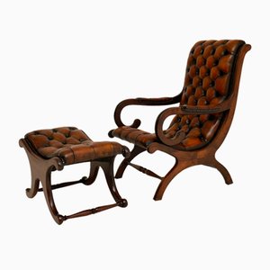 Antique Regency Style Leather Armchair & Stool, Set of 2