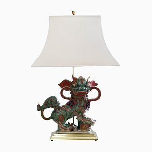 Chinese Glazed Stoneware Buddhist Lion Table Lamps on Brass Base, Villa Giuseppina, Set of 2