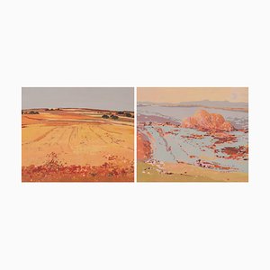 Summer Landscape Paintings, 20th-Century, Gouache on Paper, Set of 2
