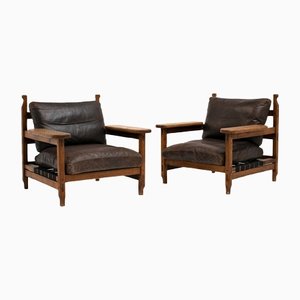Mid-Century Brutalist Lounge Chairs in Leather & Oak, Set of 2
