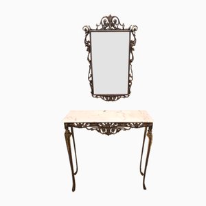 Vintage Italian Wall Mirror and Console with a Marble Top and Cast Brass Frame