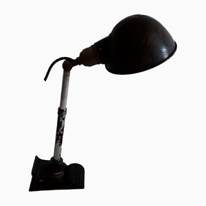 Antique Art Deco Black Painted Metal Adjustable Desk or Wall Lamp with Clamping Foot and Extendable Aluminum Telescopic Arm, 1920s