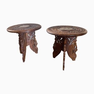 Vintage Indian Hand Carved Wooden Side Tables, Set of 2