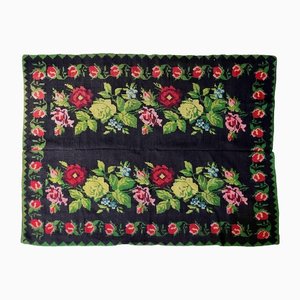 Romanian Handwoven Wool Rug with Floral Design on Black Background