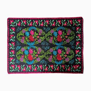 Vintage Romanian Handmade Wool Rug with Bohemian Floral Design