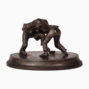 Figurine de Garçons de Lutte Vintage en Bronze