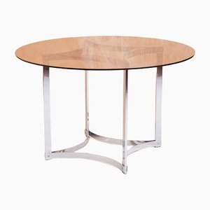 Mid-Century Round Smoked Glass and Chrome Dining Table by Richard Young for Merrow Associates