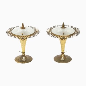 Dressing Table Lamps in Brass and Decorated Glass, 1950s, Set of 2