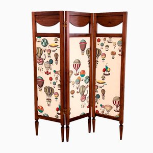 Mid-Century Italian Folding Screen or Room Divider with Fornasetti Fabric, 1980s
