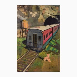 Collage surrealista con tren, siglo XX, óleo sobre cartón, enmarcado