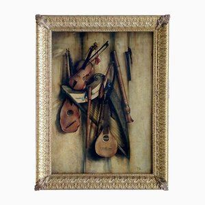 Francesca Strino, Italian Still Life of Musical Instruments, Oil on Canvas, Framed