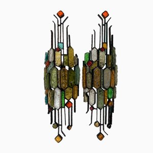 Italian Hammered Glass and Wrought Iron Sconces from Longobard, 1970s, Set of 2