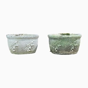 Reconstituted Stone Planters with Olive Branch Decor, Set of 2
