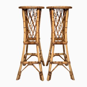 Mid-Century French Rattan and Bamboo Plant Stands, Set of 2