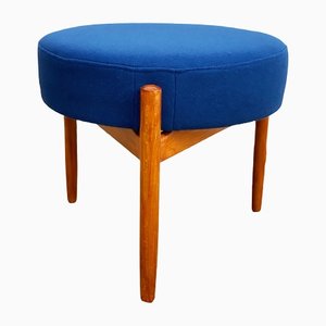 Mid-Century Danish Stool in Teak-Colored Wood with a Blue Wool Fabric Cover, 1950s