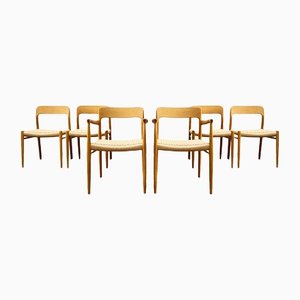 Mid-Century Danish Model 56 and 75 Chairs in Oak by Niels O. Møller for JL Mollers Møbelfabrik, 1950, Set of 6