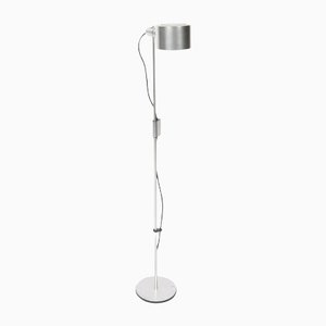 Brushed Aluminium Rise and Fall Single Spotlight Floor Lamp on Weighted Circular Base by Peter Nelson & Ronald Holmes, 1970s