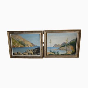 Mallorca Beaches Landscape Paintings, Oil on Board, Framed, Set of 2