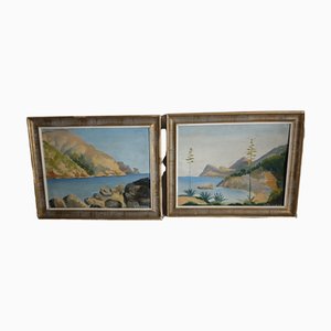 Pinturas de paisajes de las playas de Mallorca, óleo sobre tabla, enmarcadas. Juego de 2