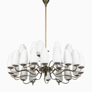 Large Italian Chandelier in Opaline and Brass in the Style of Stilnovo, 1960s
