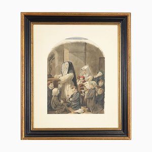 The Prayer, Italy, 19th-Century, Watercolor on Paper, Framed