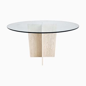 Vintage Round Travertine and Glass Dining Table, 1970s